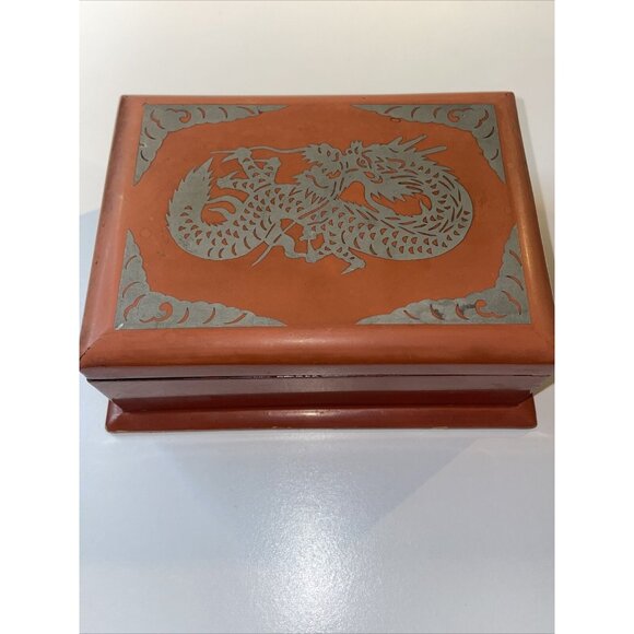 Vintage Japanese Dragon Trinket Jewelry Box Red Lacquer Bamboo MCM Read EL5 - Picture 1 of 13